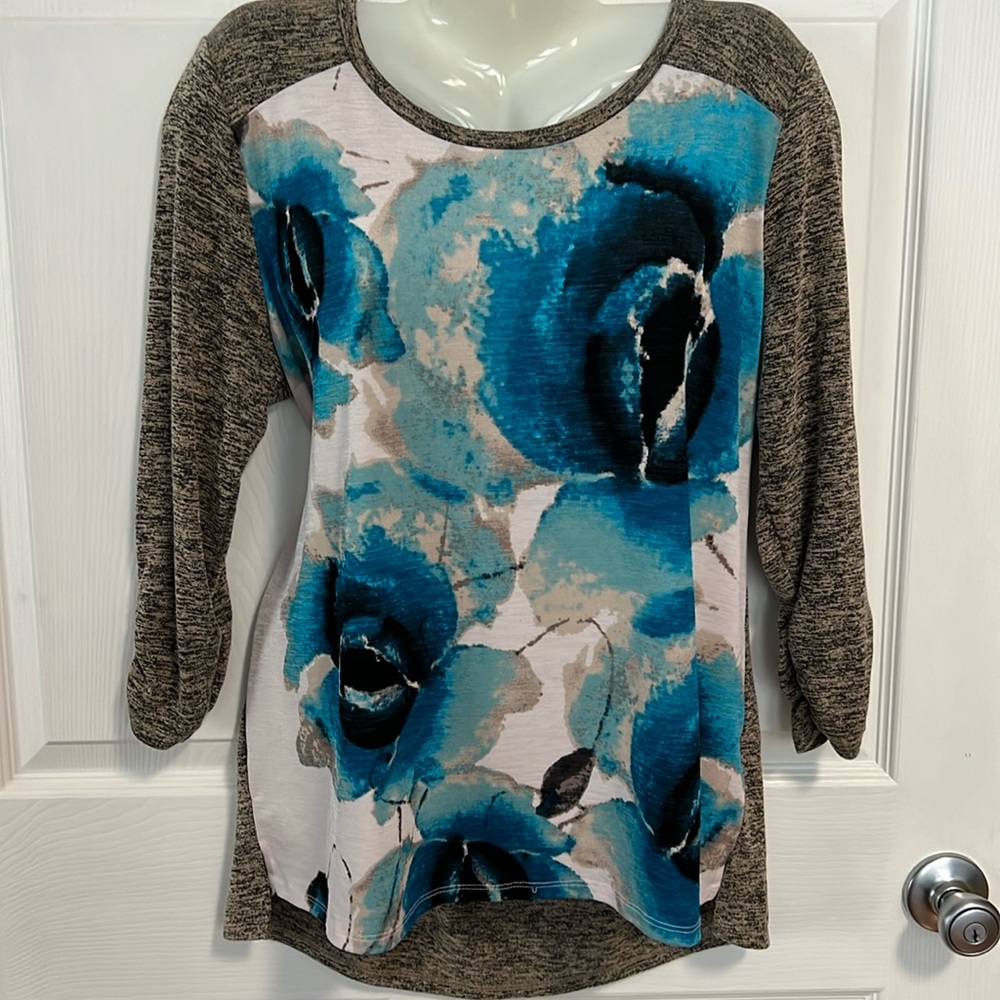 Style & Co Top 3/4 Sleeve Top Floral Print Blue